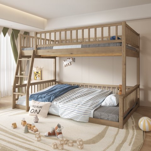 M&Ms - Full Xl Over Queen Bunk Bed With Ladder And Guardrails, Walnut