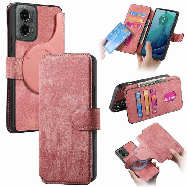 Funda Billetera Magnética para Motorola Moto G 5G 2024/G Play 2024 5G Soporte Tarjetas Desmontable Rosa