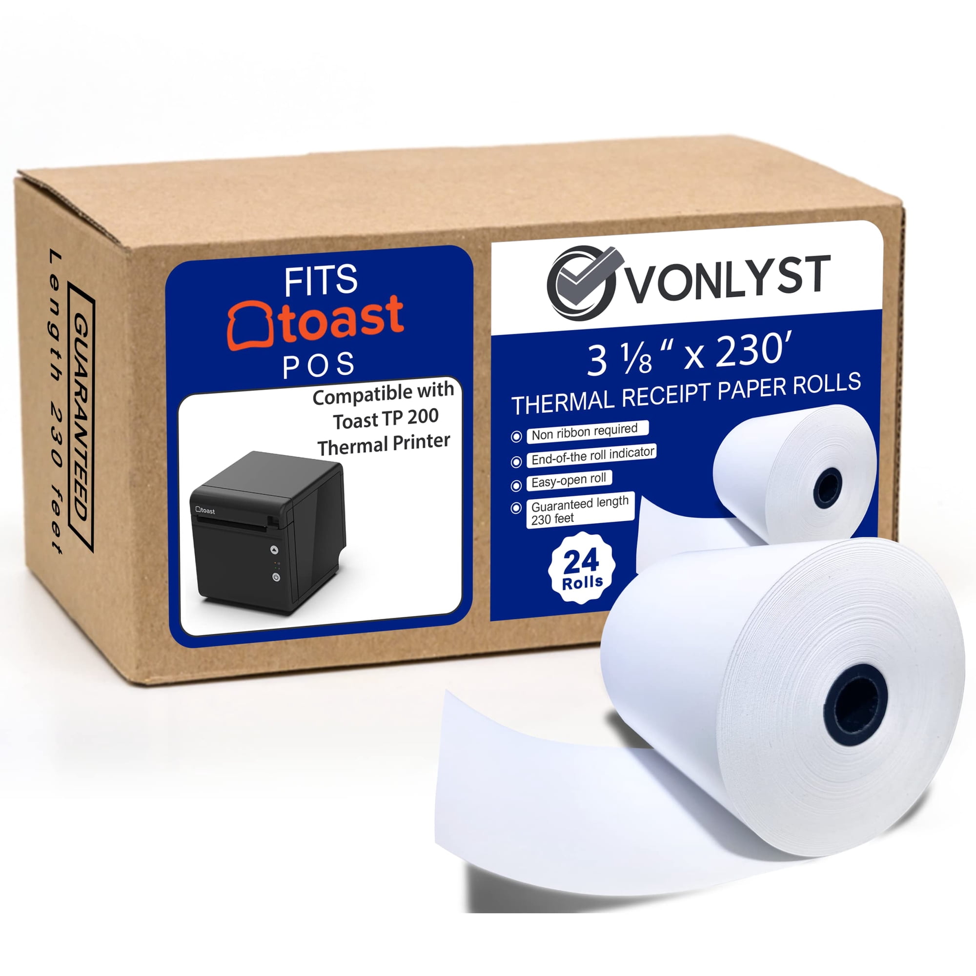 Vonlyst - Rollo De Papel Para Impresora Térmica De 3 1/8 Pulgadas X 230 Pies (24 Rollos) Para Toast Tp200