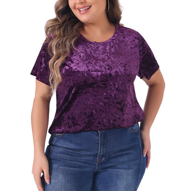 Agnes Orinda Tops para Mujer de Talla Grande Cuello Redondo Manga Corta Camisetas de Terciopelo Talla 3X Púrpura
