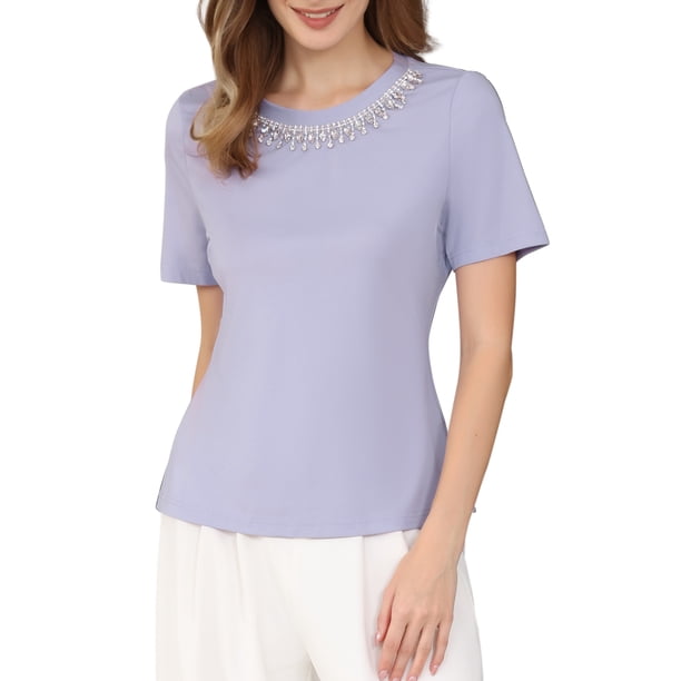 INSPIRE CHIC Elegante Blusa Brillante para Mujeres con Tops de Piedras de Estrás para Cócteles y Fiestas M Púrpura Claro