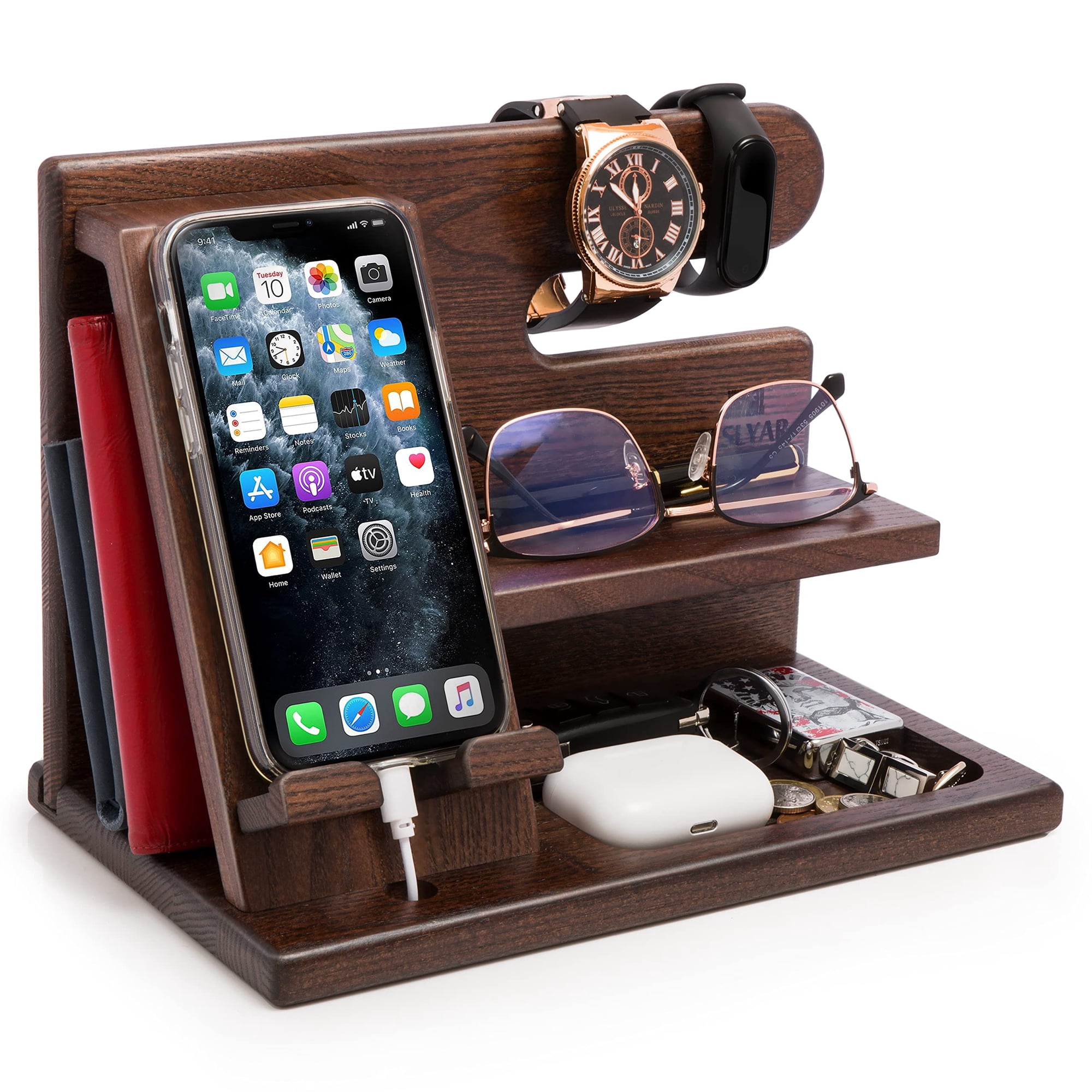 Teslyar - Soporte De Teléfono De Madera Organizador De Mesita De Noche