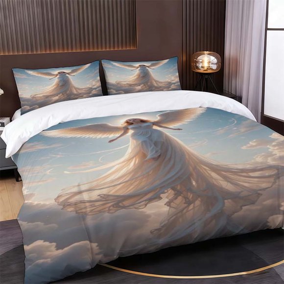 3pcs Holy Angel Spreading Wings Blue Sky Fantasy Art Painting Themed Bedding Set Duvet Cover and Pillowcase Set Soft and Comfortable