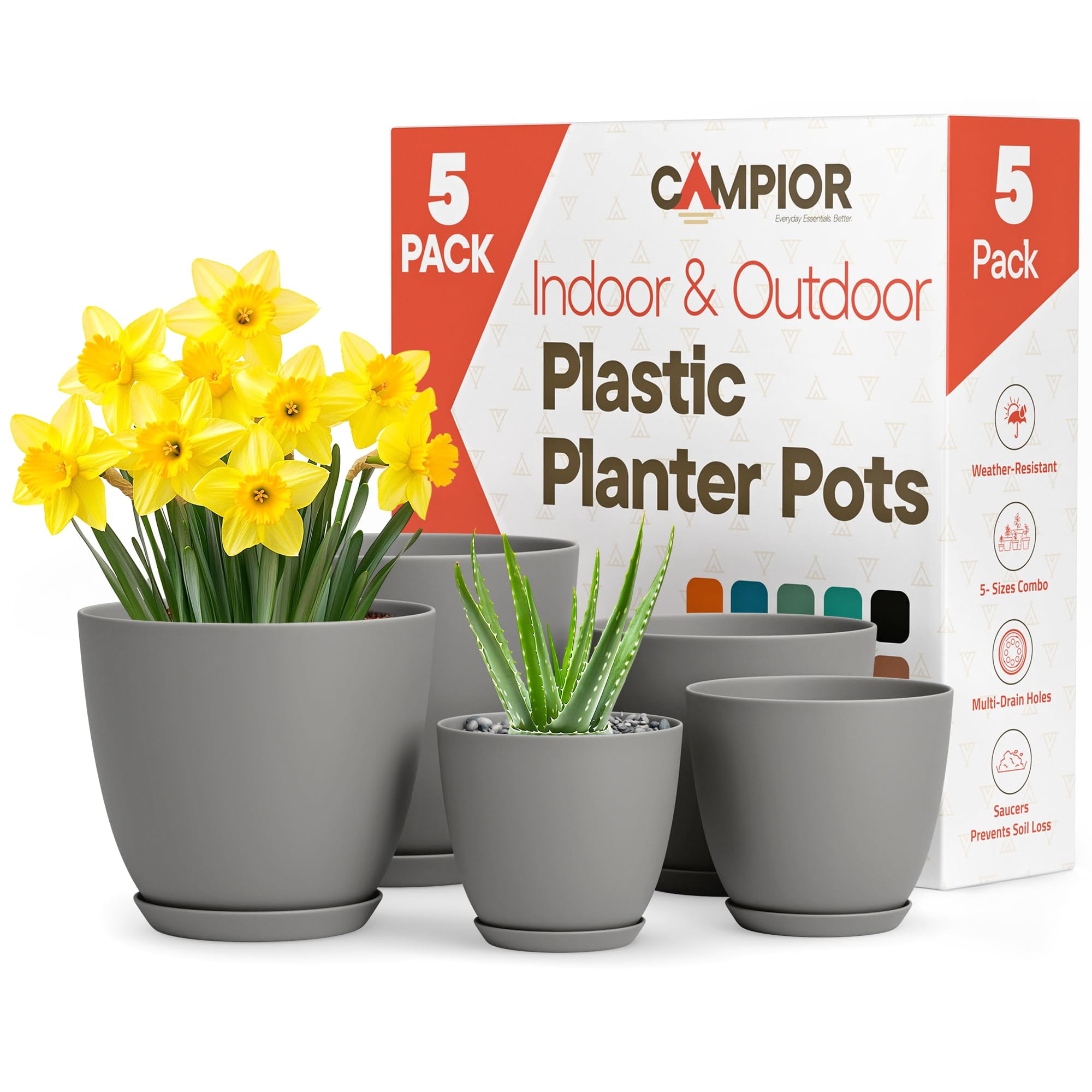 Macetas De Plástico Apilables Campior Con Drenaje, Grises, 5 Piezas
