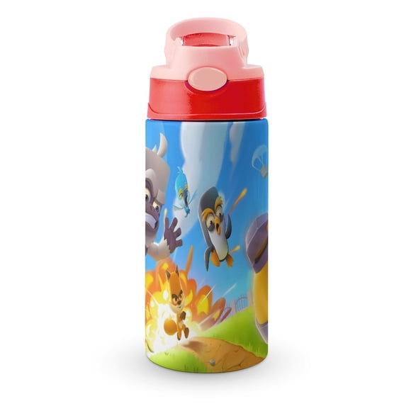 Zoo Battle ArenaBotella de Agua con Tapa Pop Top de Un Toque, Acero Inoxidable, a Prueba de Fugas, para Deportes, Botella Infantil rosa 12 oz