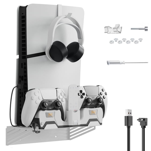 Soporte de pared con estación de carga compatible con PS5 y PS5 Slim, cargador de pared de carga rápida para controladores DualSense y Edge