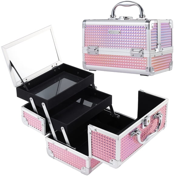 Organizador De Cosméticos Makeup Train Case Con Espejo Color Rosa