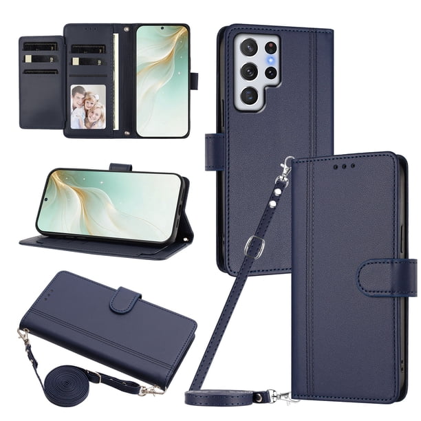 Funda Billetera para Samsung Galaxy S22 Ultra con Ventana para Fotos, Azul