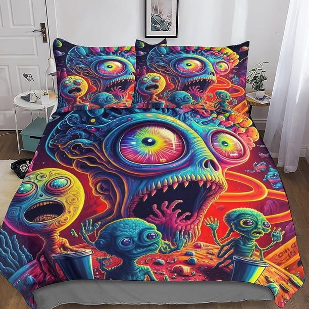 Funda nórdica con estampado de monstruo alienígena y fundas de almohada. Juego de ropa de cama con cierre de cremallera. Diseño único. Antialérgico. Funda nórdica con diseño psicodélico.
