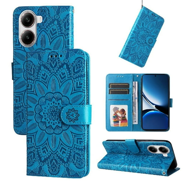Funda tipo cartera FOXDOCK para Xiaomi Poco X7 Pro , diseño girasol en relieve, cuero PU, cierre magnético, soporte y tarjetero