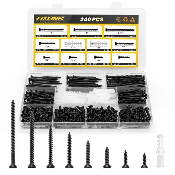 Kit de Tornillos para Madera FIXLINK 240PCS Cabeza Plana Phillips Negro