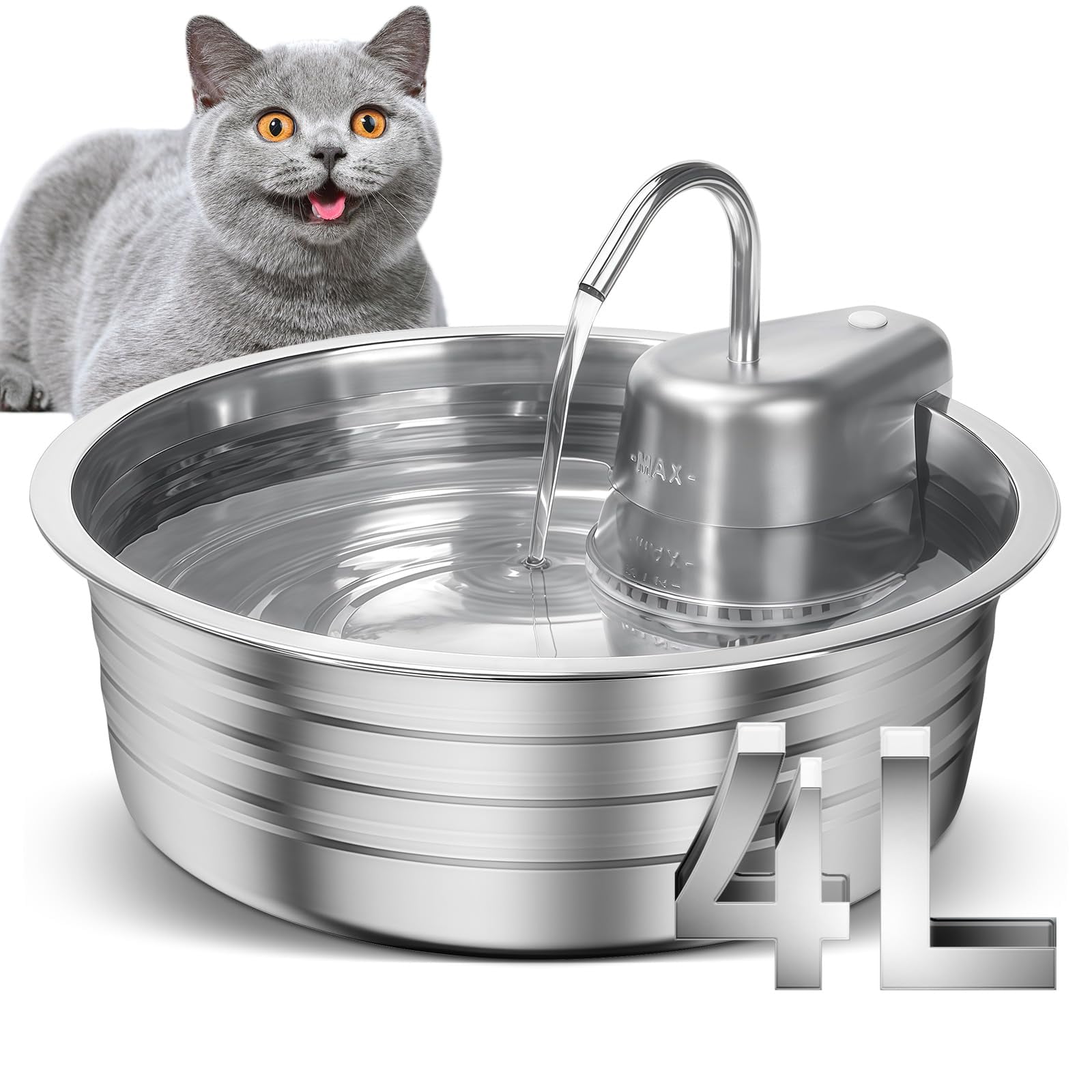 Fuente De Agua Para Gatos Ezmioo De Acero Inoxidable De 4 L, Ultrasilenciosa
