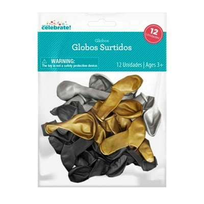 Set 12 Globos Surtidos (Dorado-Negro-Plata)  Way To Celebrate