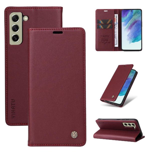 Funda Billetera de Cuero para Samsung Galaxy S21 FE con Tarjetero y Soporte - Tapa Magnética Rojo