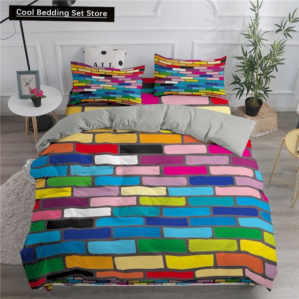 Building Block Duvet Cover Colorful Brick Bedding Set for Kids Teens Adults Cartoon Polyester Comforter Cover Bed Sheets