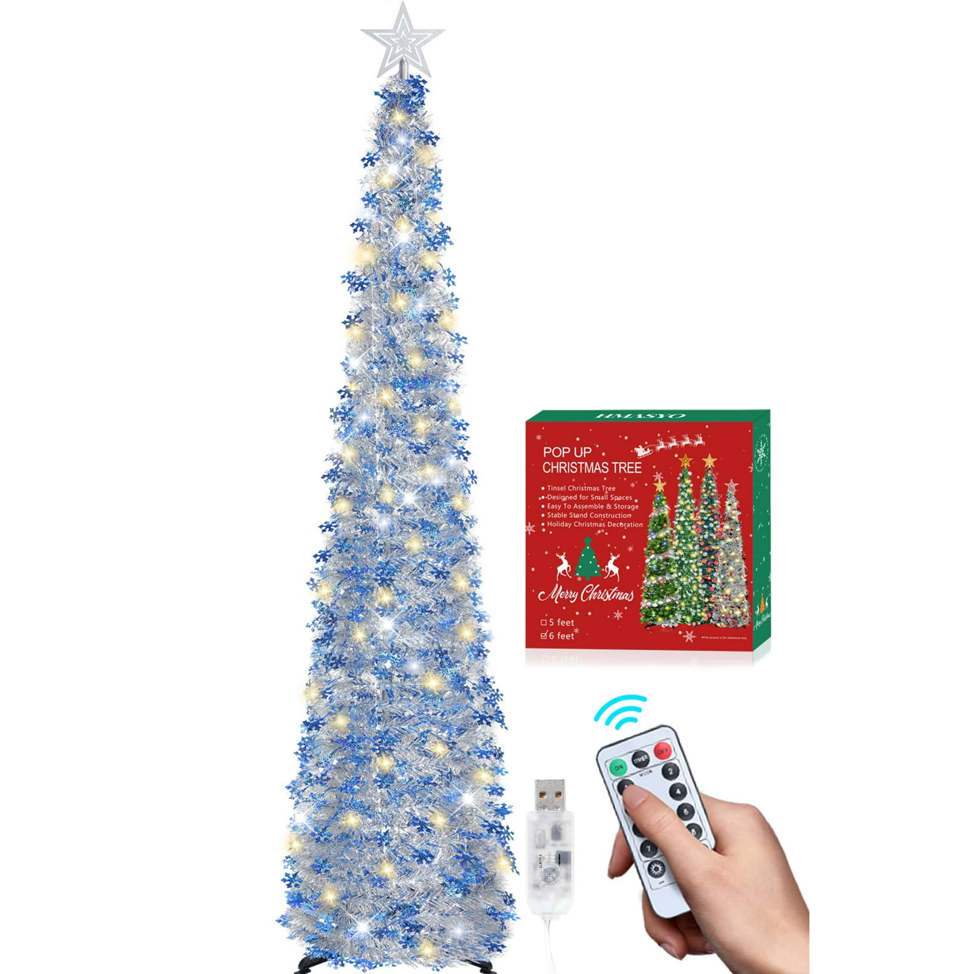Espumillón Desplegable Hmasyo Para Árbol De Navidad, De 6 Pies, Con 100 Luces Led