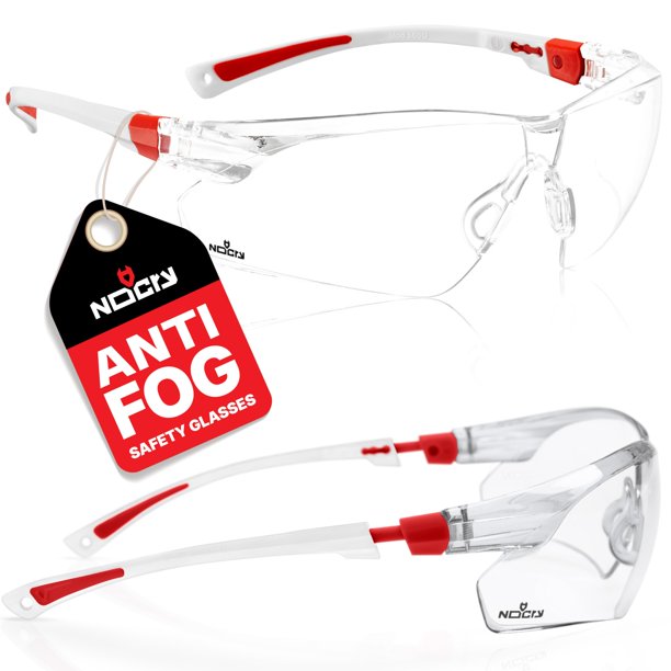 Gafas de seguridad NoCry con lentes envolventes transparentes antivaho, resistentes a los arañazos y empuñaduras antideslizantes, protección UV. Monturas ajustables blancas y rojas (paquete de 10)