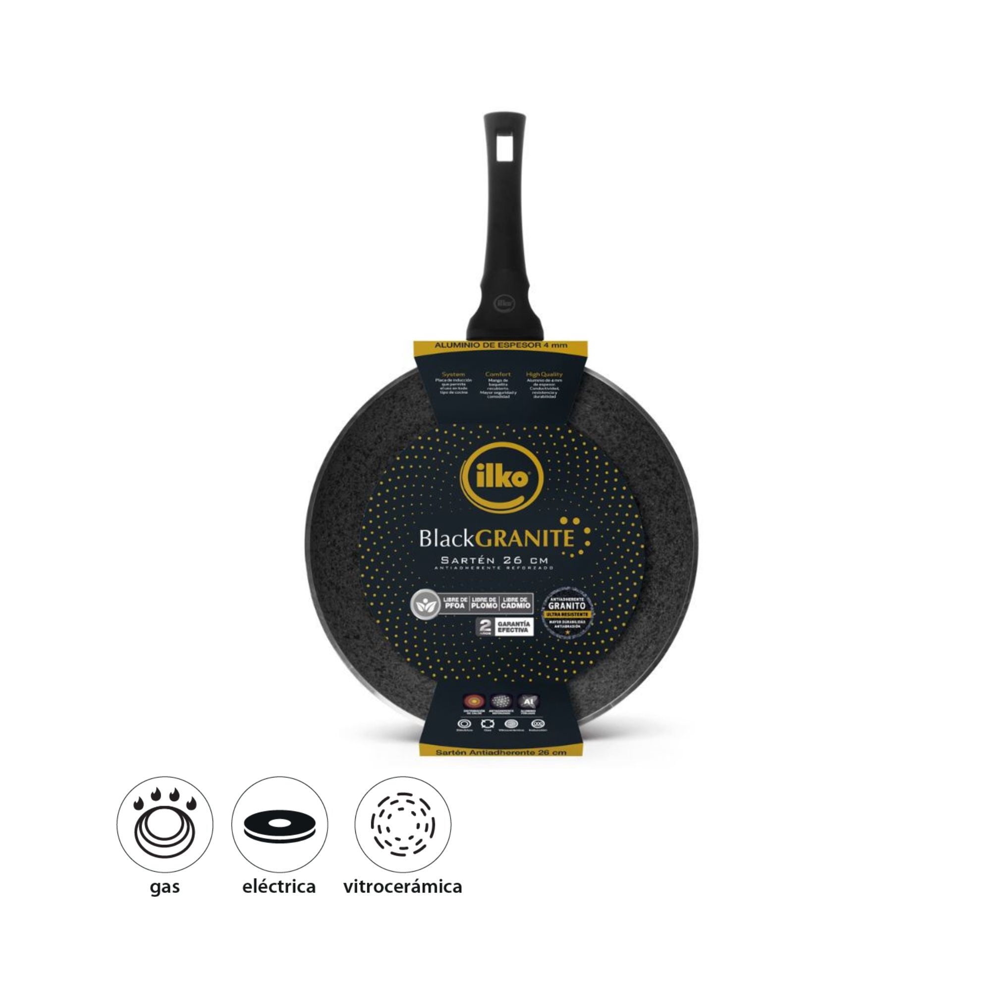 Ilko - Sartén 26 Cm Antiadherente Granito Aluminio Forjado Negro 1 Piezas