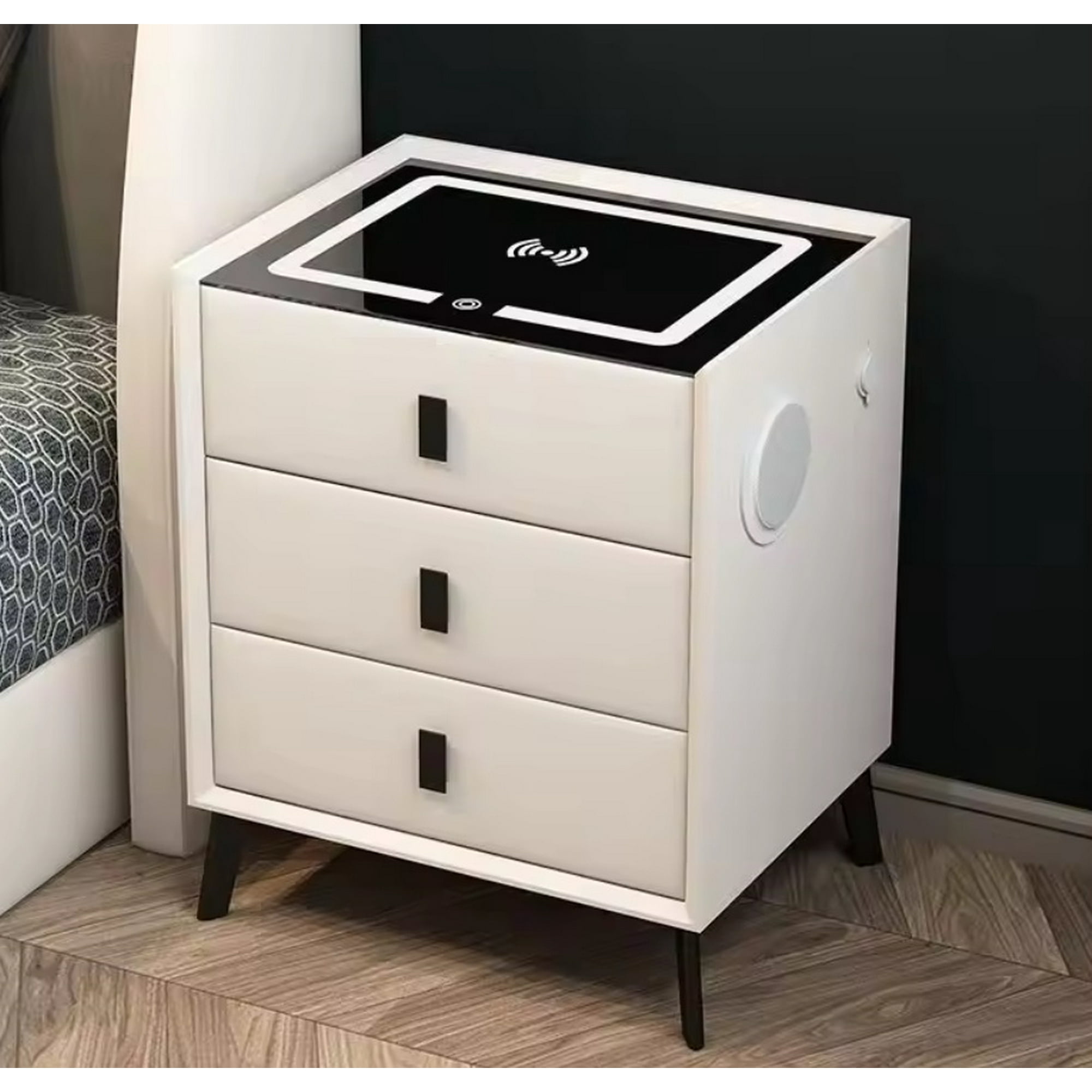 Modernismo - Velador 3 Cajones, Parlante, Carga Inalámbrica E Iluminación Blanco