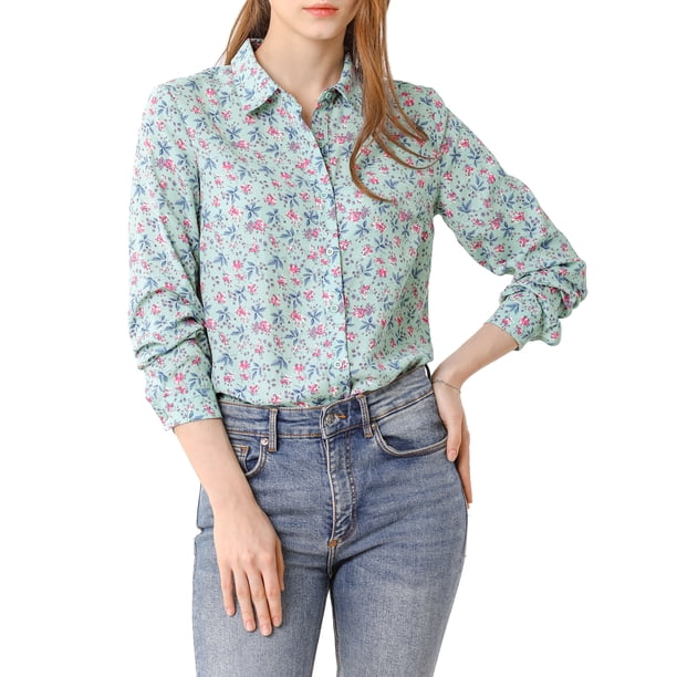 INSPIRE CHIC Camisa de Mujer con Botones, Estampado Floral Pequeño, Manga Larga, Cuello en Punta, Top de Oficina, Talla L, Azul