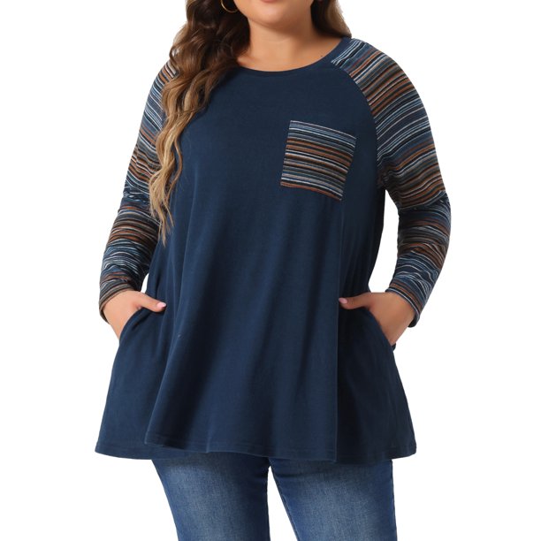 Agnes Orinda Conjuntos de Halloween Túnicas de Talla Grande para Mujeres Escuela Universidad Manga Larga Raglán Bloque de Color Camisetas de Punto con Bolsillos 3X Azul Marino