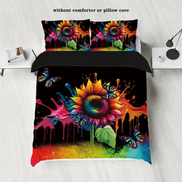 x479 Bed SheetsOil and Ink Painting Sunflower Bedding for Bedroom/Guest Room - Duvet Cover Pillowcases (Core Not Included) 3-Piece Bedding Set (1 Duvet Cover + 2 Pillow Shams) nj479