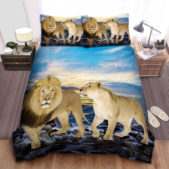 Lion Couple And Blue Ocean Quilt Duvet Cover Set Soft Kids Bedclothes Bed Linen3-Piece Bedding Set