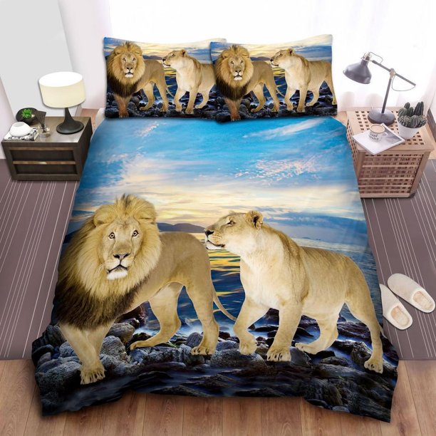 Lion Couple And Blue Ocean Quilt Duvet Cover Set Soft Kids Bedclothes Bed Linen3-Piece Bedding Set
