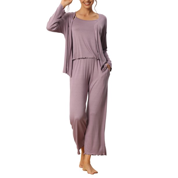 INSPIRE CHIC Conjunto de Pijama de 3 Piezas para Mujer, Cárdigan de Manga Larga de Rayón Suave, Camiseta y Pantalones para Dormir para Primavera, Otoño, Invierno M Púrpura