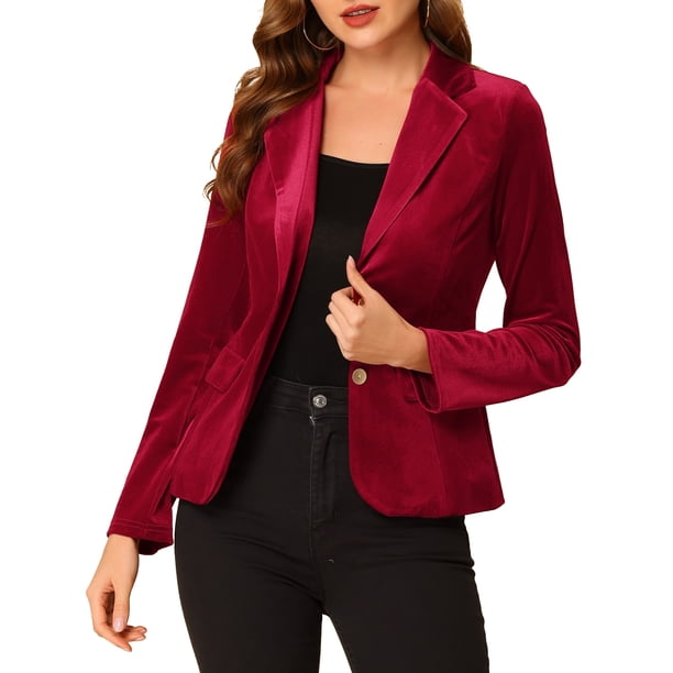 INSPIRE CHIC Chaqueta de Terciopelo Vintage para Mujer Regreso a Clases para Maestras Blazer con Solapa de Muesca Botón Frontal para el Trabajo Talla L Burdeos