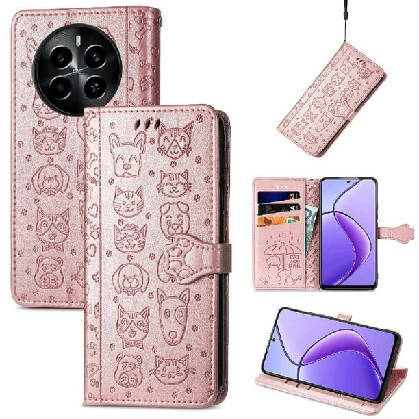Funda Cartera FOXDOCK para Realme 13 Pro , Flip PU con Relieve de Gatos y Perros, Tarjetero y Soporte