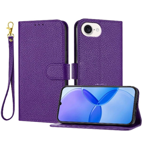 Funda Cartera para iPhone 16E Tarjetero Soporte Magnético y Correa Morado