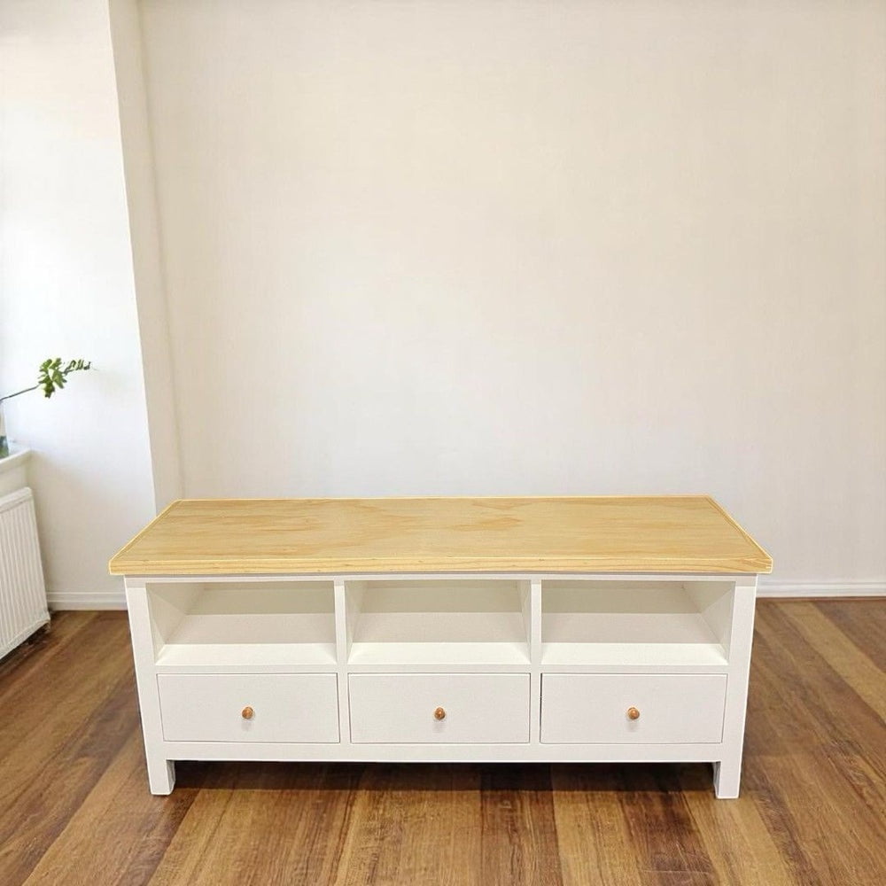 Arca Muebles - Rack De Tv De Madera 3 Cajones 130x40x55 Color Blanco Cubierta Natural