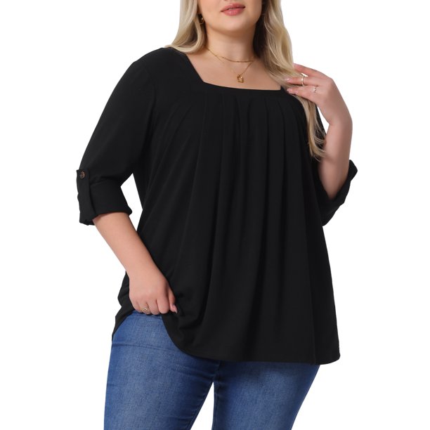 Agnes Orinda Blusas de Talla Grande para Mujer de Manga Larga con Cuello Cuadrado, Sueltas y Plisadas, Túnicas de Ajuste Holgado 2X Negro