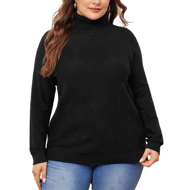 GRACIA Y GRANDEZA Disfraces de Halloween para Mujeres Tallas Grandes Suéter de Cuello Alto Ligero de Manga Larga Tejido de Punto Acanalado Top 4X Negro