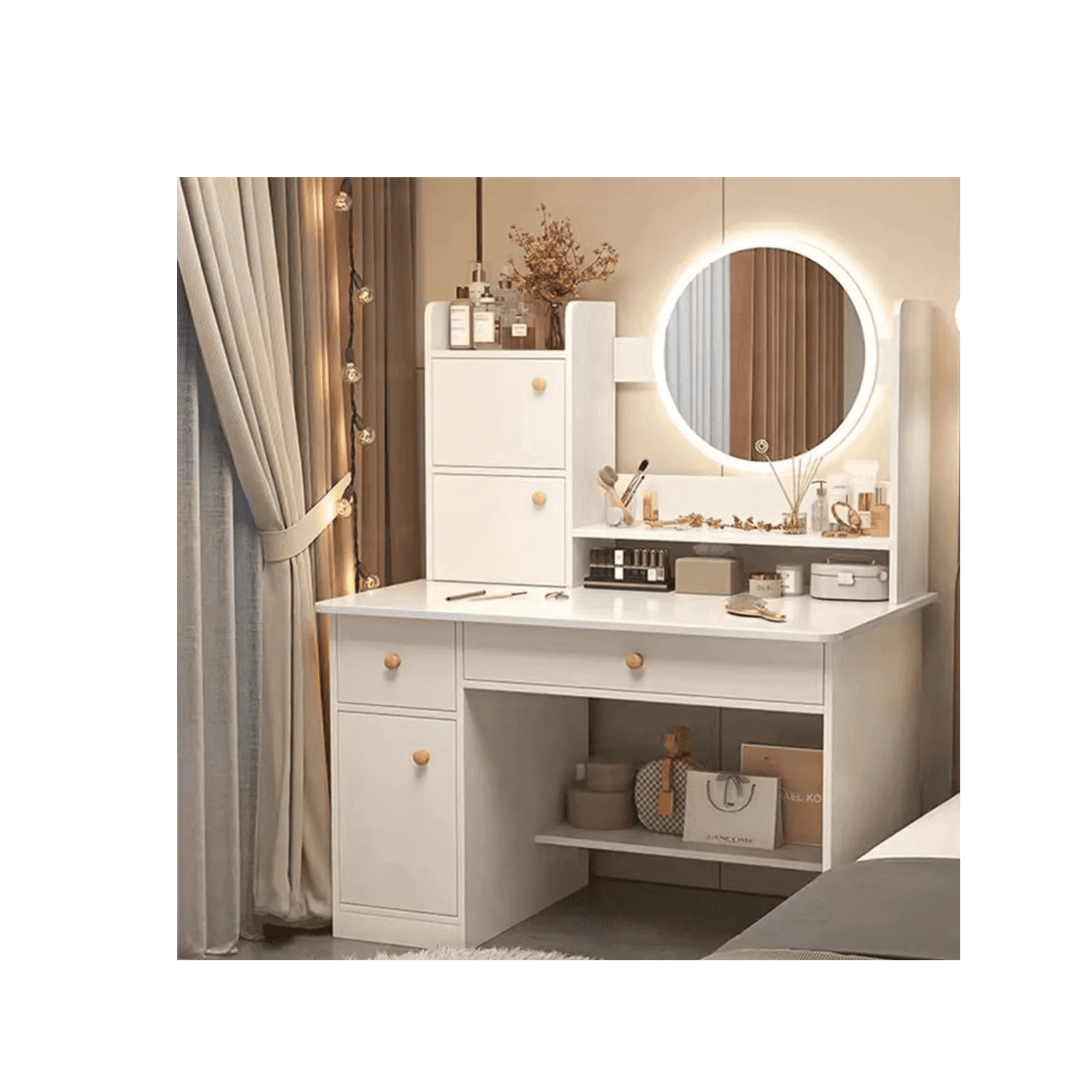 Casa Pagoda - Tocador Madera Espejo Con Luz Y Cajones Homer 3137