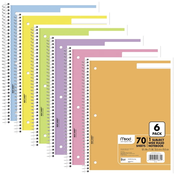 Cuaderno Mead Pack de 6 19 cm x 26 cm 70 hojas colores pastel