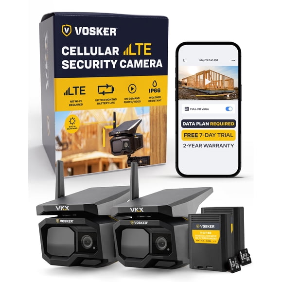 Cámara de seguridad Vosker VKX con energía solar 4G-LTE para exteriores, paquete de 2