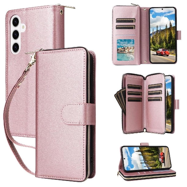 Funda Cartera con Cremallera y Correa para Samsung Galaxy S26 Plus 5G Soporte y Tarjetero Oro rosa