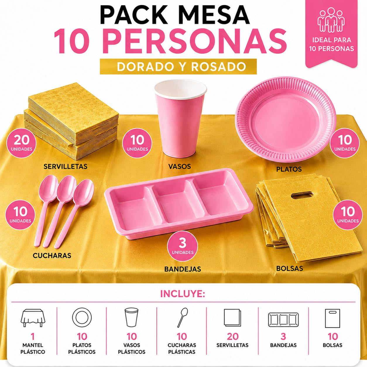 Genérico - Pack Cotillon Mesa 10 Perosnas Rosado Y Dorado