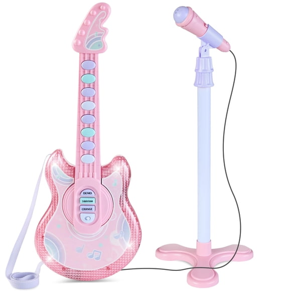 Guitarra de juguete para niños Best Choice Products de 19 pulgadas, rosa, con soporte para micrófono