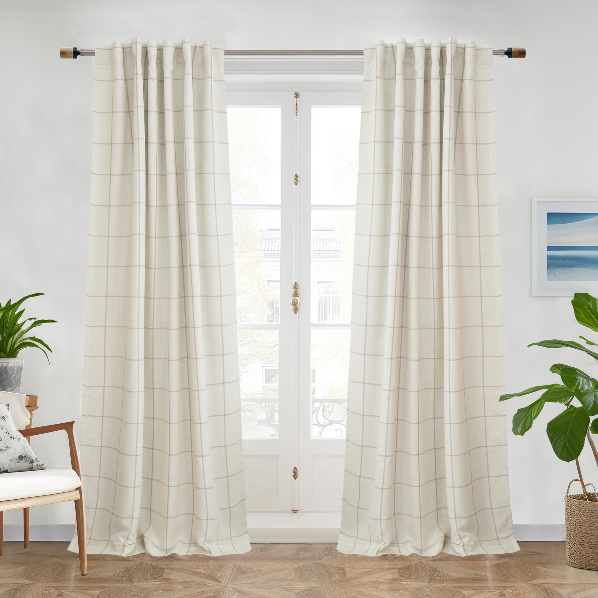 Cortinas Driftaway 100% Opacas Para Ventanas, De Lino A Cuadros, Color Topo