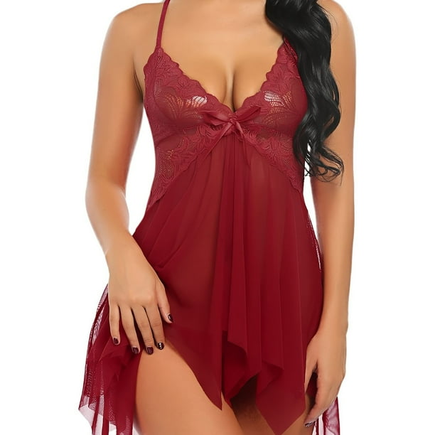 Sexy Floral Lace Guaze Babydoll, Solid Color V Neck Mesh Mini Dress Chemise, Women's Lingerie & Underwear
