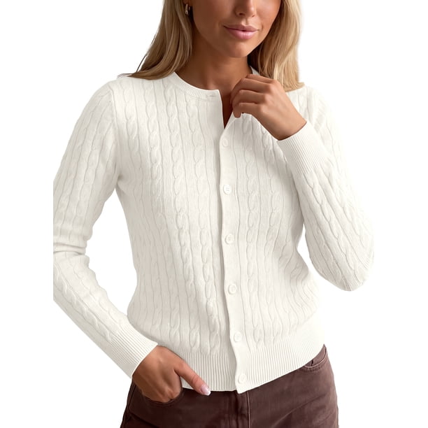 INSPIRE CHIC Cárdigan de Punto de Mujer con Cuello Redondo, Manga Larga, Abotonado, Abierto al Frente, Grande, Blanco