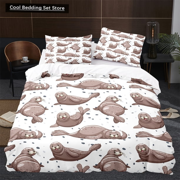 x439 Bed SheetsSea Lion Duvet Cover Size Lovely Ocean Animals Bedding Set for Kids Boys Girls Blue Sea Beach Polyester Quilt Cover 3-Piece Bedding Set (1 Duvet Cover + 2 Pillow Shams) nj439