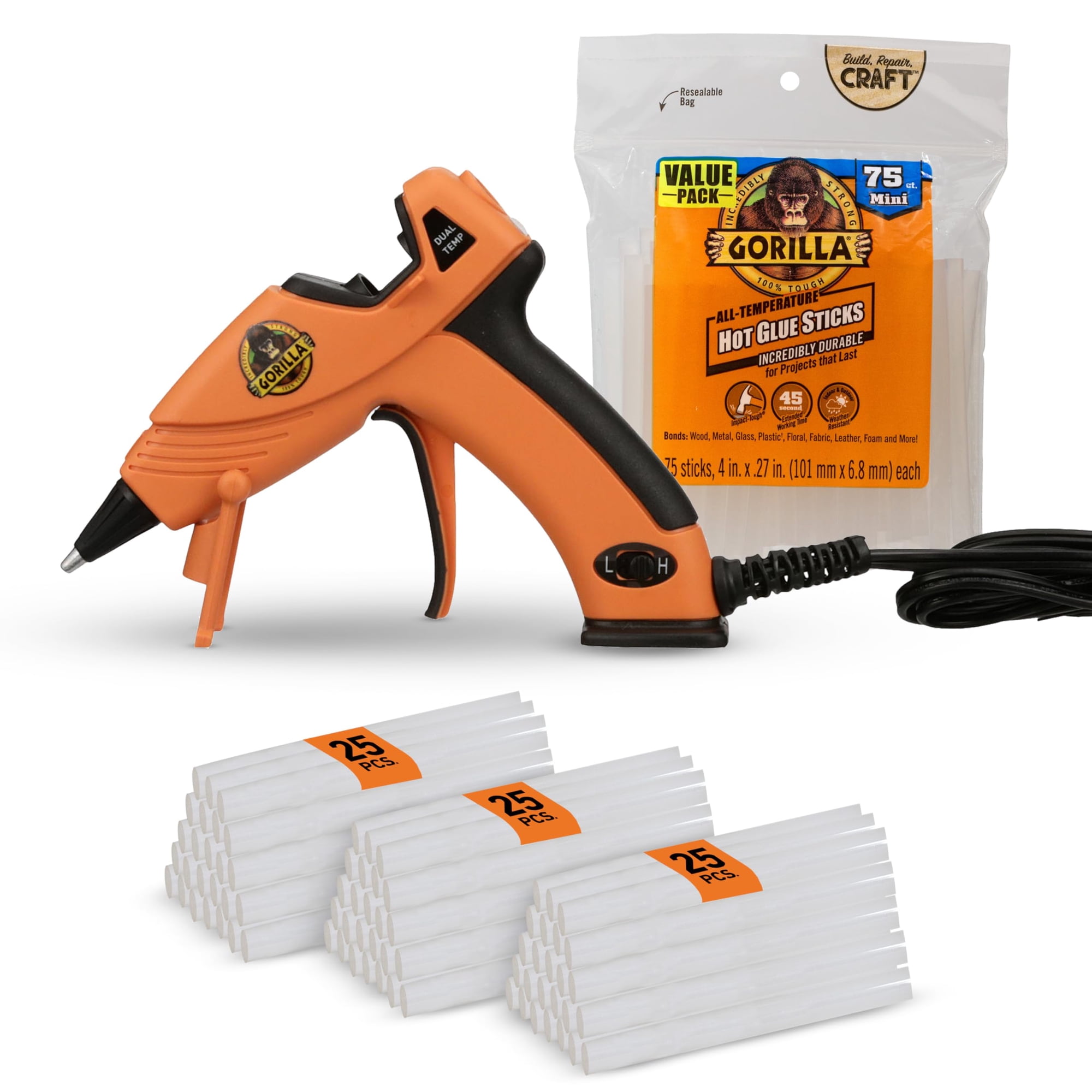 Kit De Pistola De Pegamento Caliente Gorilla Mini Dual Temp Con 75 Varillas