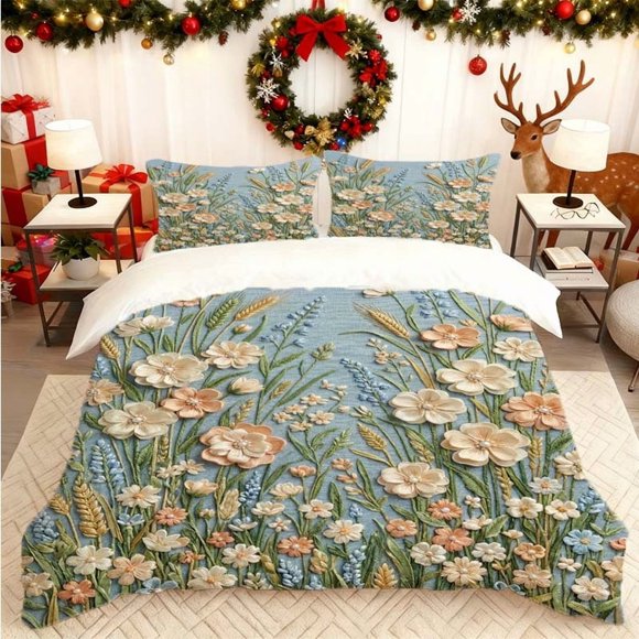 Set Pastoral Flower Illustration Printed Duvet Cover Set Themed Bedding Set Duvet Cover and Pillowcase Set Soft and Comfortable Suitable for All Seasons Ideal f
