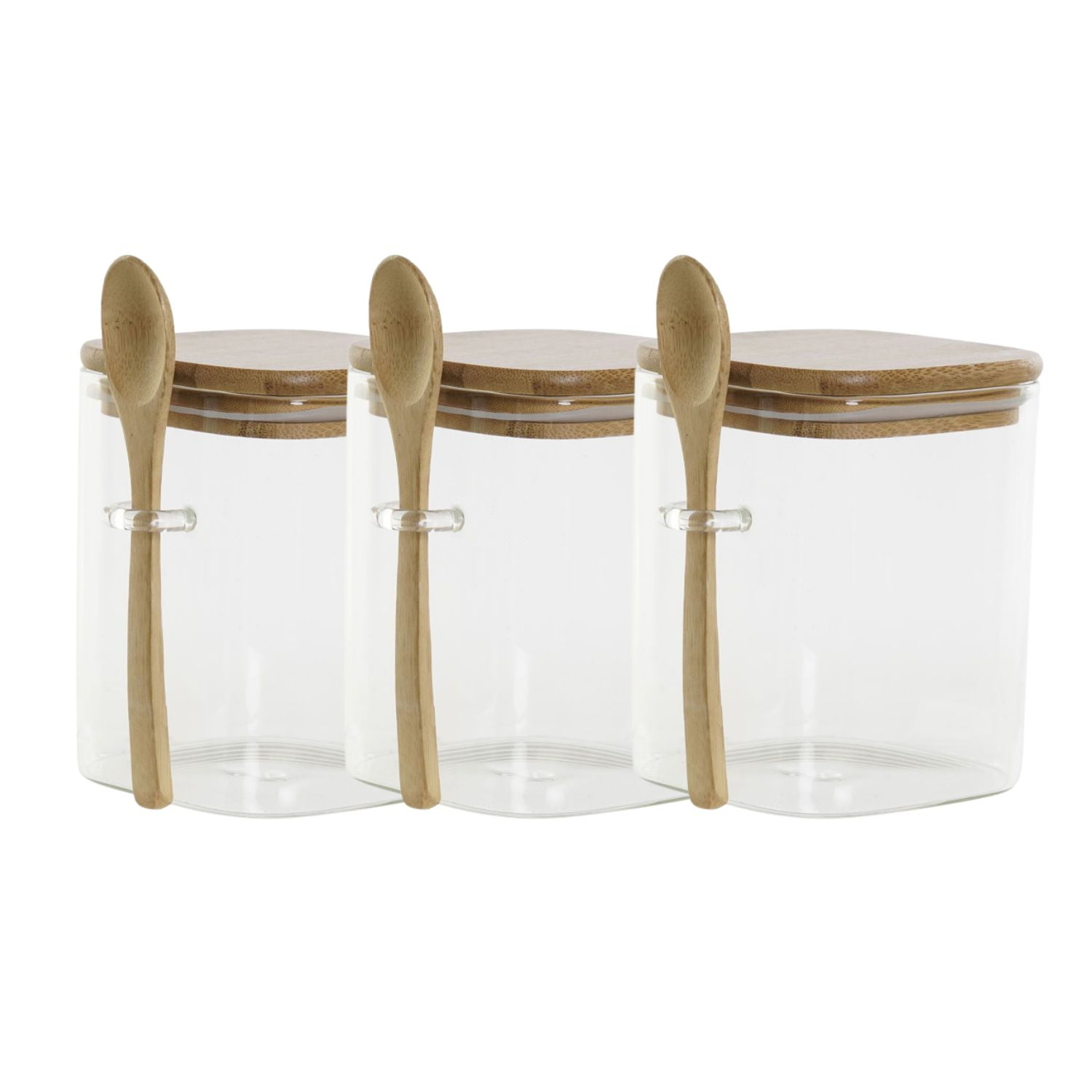 Disparo - Set 3 Frasco Contenedor 900ml 10cm Cuadrado Cuchara Bambú