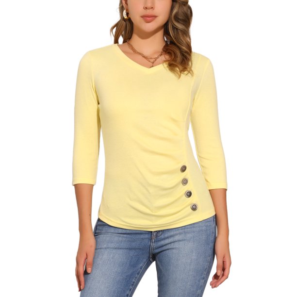 INSPIRE CHIC Blusa Fruncida para Mujer de Regreso a Clases con Botones Decorativos Cuello en V Manga 3/4 Top de Punto Sólido Amarillo Claro L
