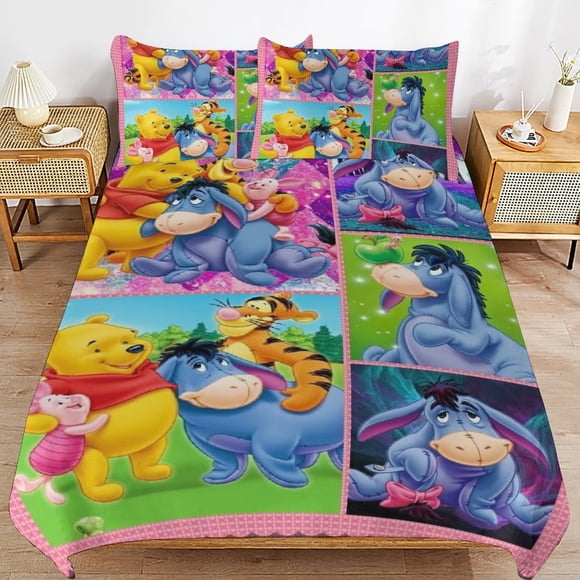 Winnie The Pooh Bed Duvet Cover Microfiber Bedding Sets 3D Printed Lightweight 3 Piece Comforter Sets for Kids Boys Girls
